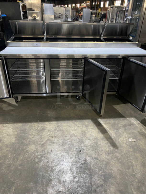 WoW! NEVER USED! All Stainless Steel Commercial Refrigerated Pizza Prep Table! With Commercial Cutting Board! With 3 Door Underneath Storage Space! With Poly Coated Racks! All Stainless Steel! On Casters! Model: LPP93 SN: LPP9312120584001 115V 60HZ 1 Phase - Image 5 of 11