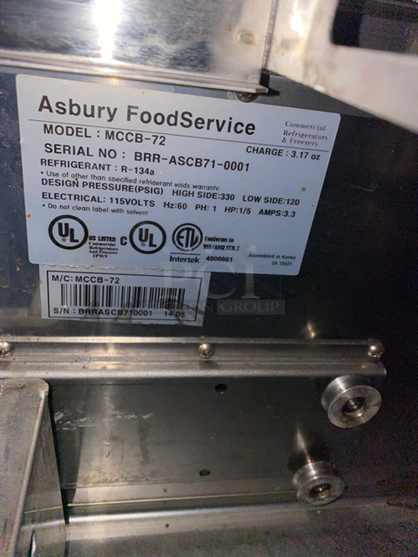 Asbury 4 Drawer Chef Base Refrigerated Equipment Stand! All Stainless Steel! On Casters! Model: MCCB-72 SN: BRRASCB710001 115V 60HZ 1 Phase - Image 7 of 8