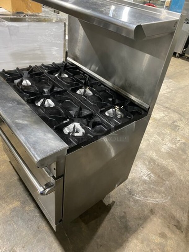 American Range Natural Gas Powered 6 Burner Stove! With Full Size Oven Underneath! With Raised Back Splash And Salamander Shelf! All Stainless Steel! On Casters! - Image 2 of 9