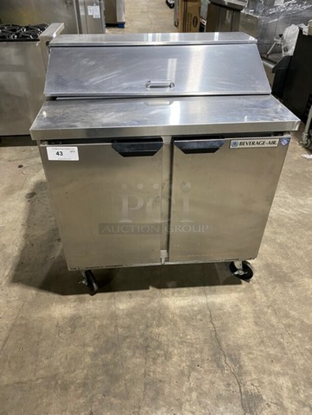 Beverage Air Commercial Refrigerated Sandwich Prep Table! With 2 Door Storage Space Underneath! All Stainless Steel! On Casters! Model: SPE3610 SN: 10211900 115V 60HZ 1 Phase