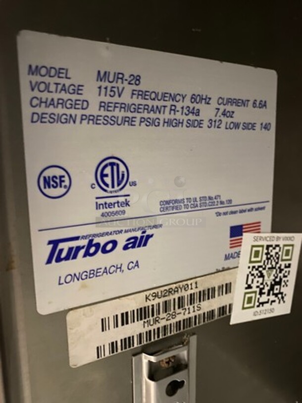 Turbo Air Commercial Single Door Lowboy/ Worktop Cooler! With Poly Coated Racks! All Stainless Steel! Model: MUR28 SN: K9U2RAY011 115V 60HZ 1 Phase - Image 6 of 7