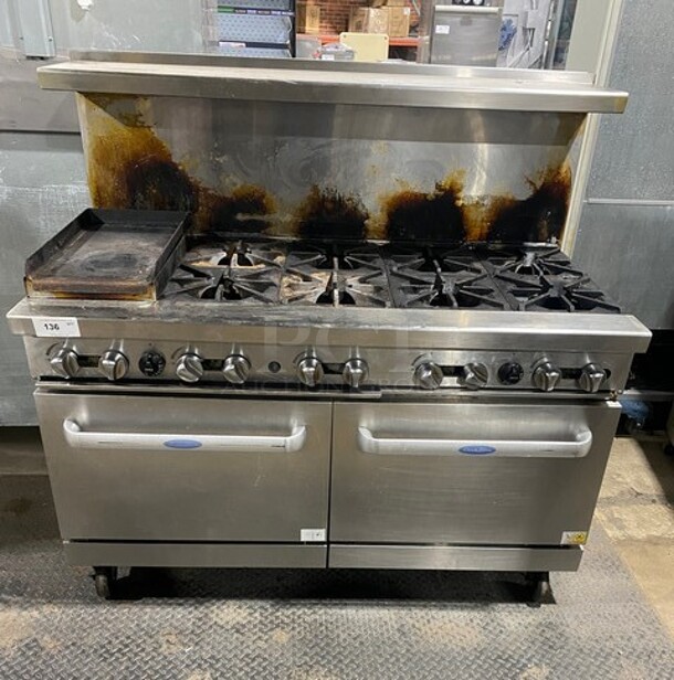 Amazing 2021 Cook rite 60" 8 Burner Commercial Gas Range And Griddel In Stainless Steel! On Commercial Casters! Working When Removed! MODEL AGR10B SN: AGR-10BAUS100321062600C40006 - Image 1 of 11