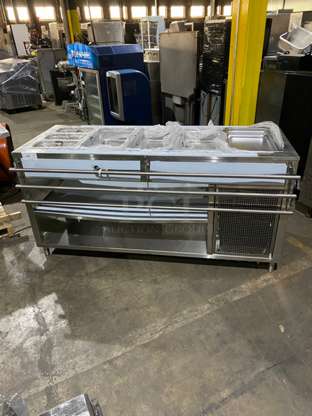 NEW! NEVER USED! Bayonne Commerical 5 Bay Cold Pan/Cold Food Buffet Counter! With Folding Serving Counter! With 2 Shelf Storage Underneath! All Stainless Steel! On Legs! Model: CPM-72 SN:7195 120V 60HZ 1 Phase