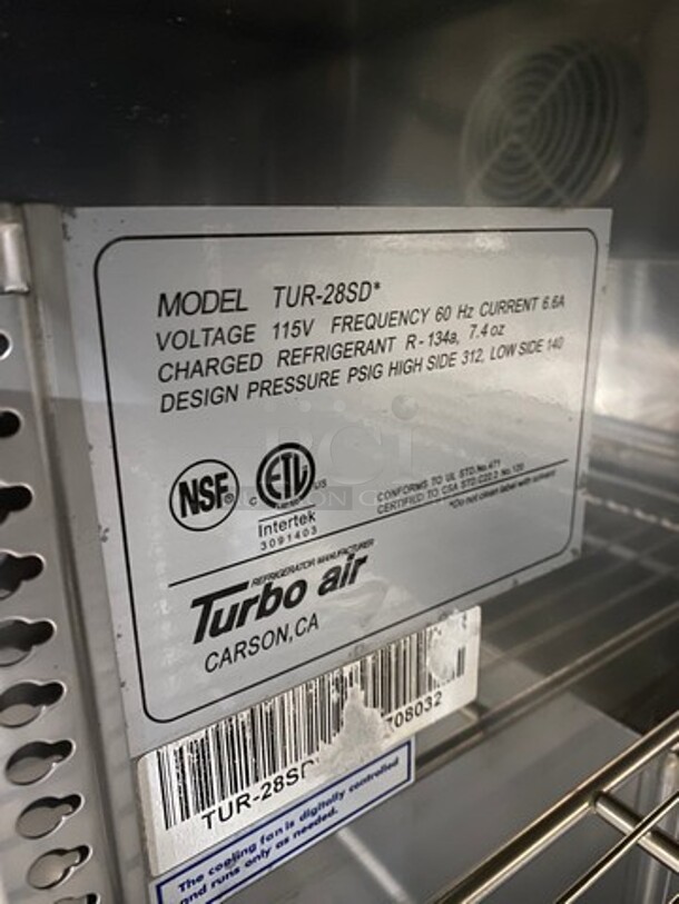 Turbo Air Refrigerated Single Door Lowboy/Worktop Cooler! All Stainless Steel! On Casters! Model: TUR28SD 115V 60HZ 1 Phase - Image 6 of 7