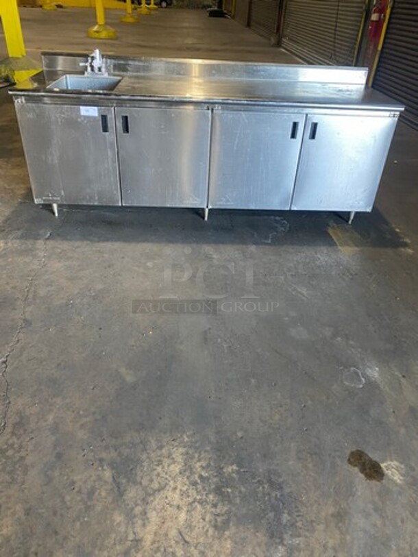 All Stainless Steel Commercial Prep Table! With Left Side Hand Sink! With 4 Door Underneath Storage Space! On Legs! - Image 1 of 9