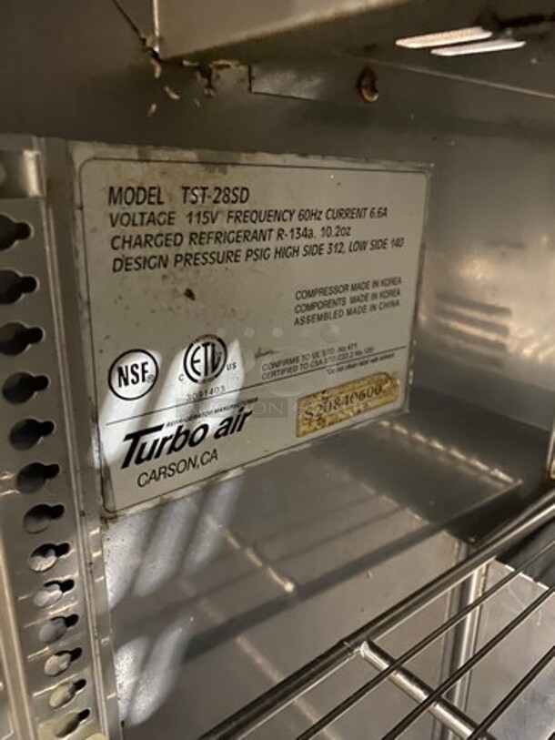Turbo Air Commercial Refrigerated Sandwich Prep Table! With Commercial Cutting Board! With Single Door Storage Space Underneath! All Stainless Steel! On Casters! Model: TST28SD SN: S208406000 115V 60HZ 1 Phase - Image 7 of 10
