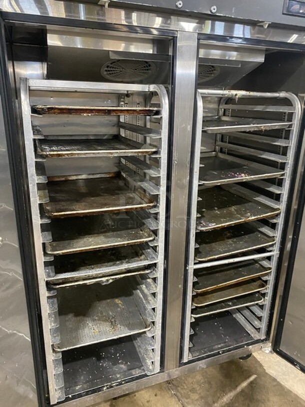 Turbo Air Commercial 2 Door Reach In Freezer! All Stainless Steel! With Built In Pan Racks! With Sheet Pans! On Casters! 115V! Model: M3F47-2 SN: M3F4L88024! Working When Removed! - Image 5 of 9