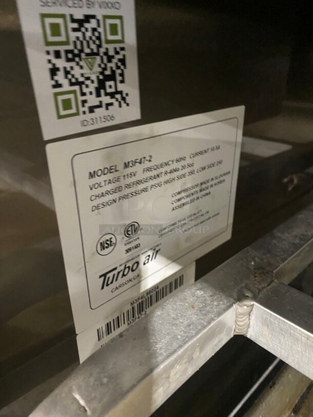 Turbo Air Commercial 2 Door Reach In Freezer! All Stainless Steel! With Built In Pan Racks! With Sheet Pans! On Casters! 115V! Model: M3F47-2 SN: M3F4L88024! Working When Removed! - Image 7 of 9