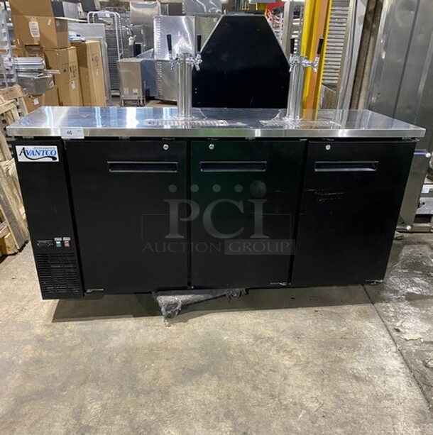NICE! Avantco Commercial Refrigerated Dual Tower Kegerator! With Towers! With 3 Door Storage Space Underneath! Poly Coated Racks! Model: 178UDD378 SN:6436334321083606 115V 