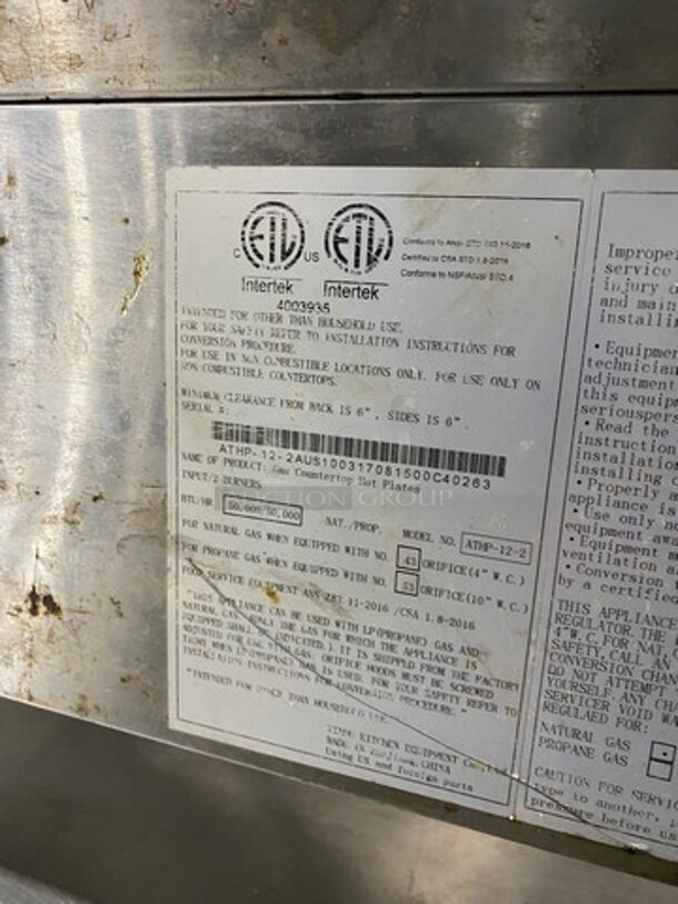 Late Model! Cookrite Commercial Countertop Gas Powered 2 Burner Range! All Stainless Steel! On Legs! Model: ATHP122 SN: ATHP122AUS100317081500C40263! Working When Removed!  - Image 7 of 8