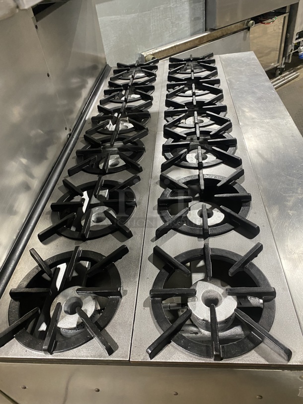 WOW! Southbend/Hussman Natural Gas Powered 12 Burner Stove! With 2 Full Sized  Ovens/One Oven With Convection! With Full Size Salamander! With Metal Oven Racks! With Raised Back Splash & Salamander! All Stainless Steel! On Casters! Working When Removed! - Image 2 of 8