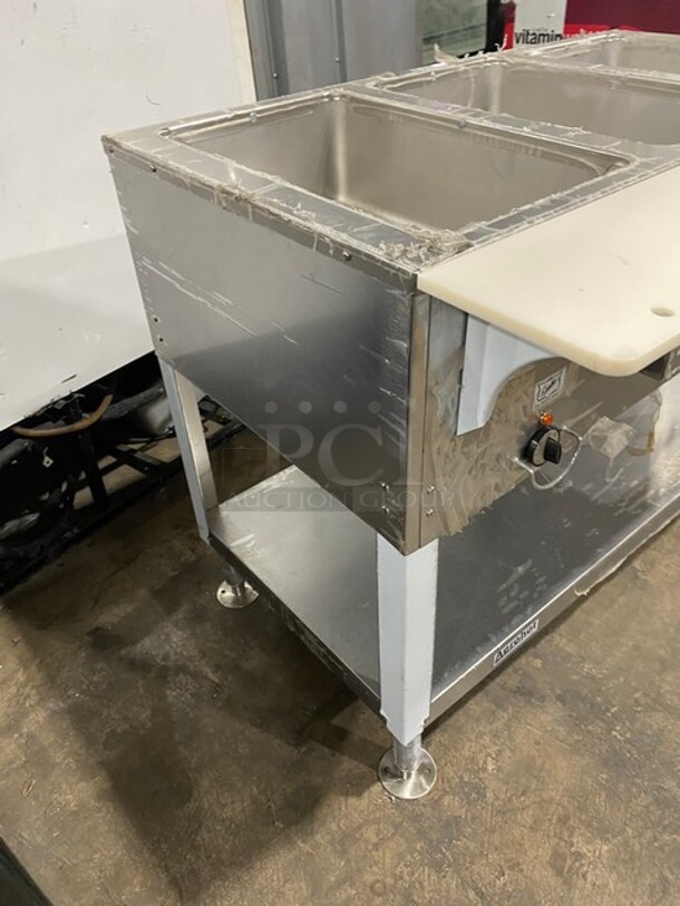 NEW! NEVER USED! Duke Commercial Electric Powered 3 Well Steam Table! With Storage Space Underneath! With Commercial Cutting Board! All Stainless Steel! On Casters! Model: E303M SN: 03041770! 208V 3 Phase! - Image 2 of 9