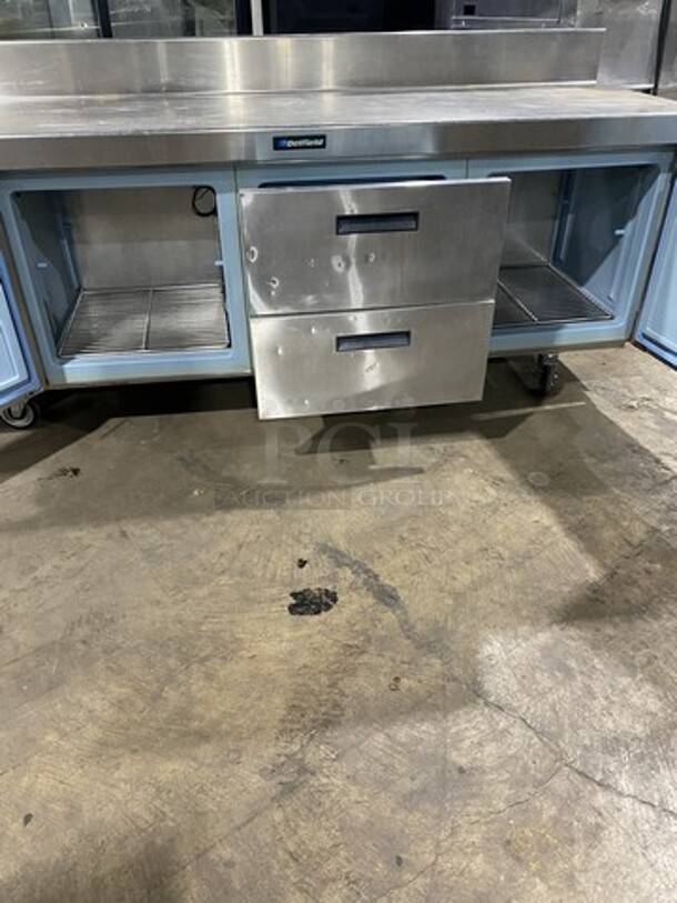 Delfield 84" Inch All Stainless Steel Work Top Lowboy Cooler! With 2 Draws And 2 Doors! With Raised Back Splash! 115V 1 Phase! On Casters! - Image 6 of 11