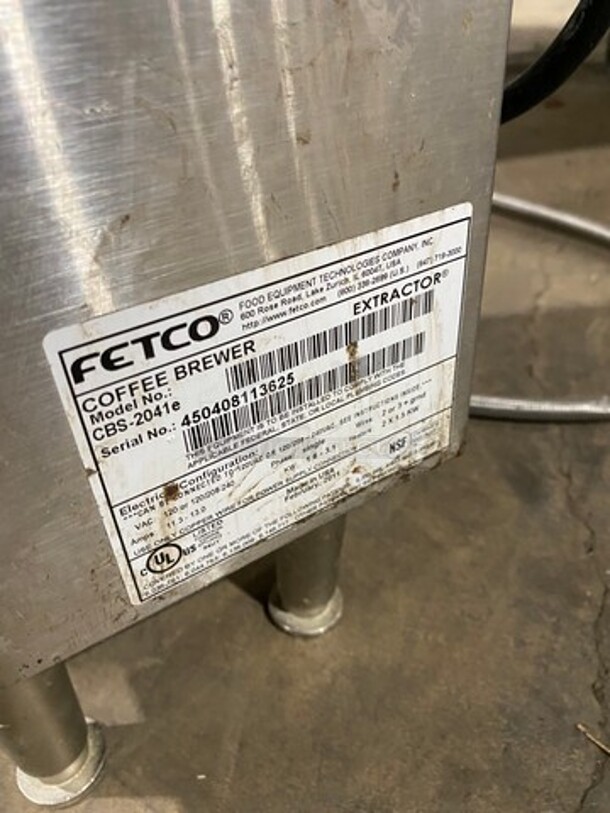 Fetco Commercial Countertop Coffee Brewing Machine! All Stainless Steel! On Legs! WORKING WHEN REMOVED! Model: CBS2041E SN: 450408113625 120/208/240V 60HZ 1 Phase - Image 6 of 7