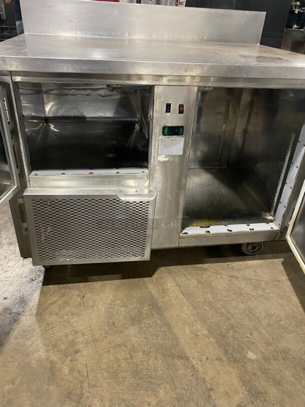 Custom Cool Commercial Work/Prep Table! With Backsplash! With Refrigerated 2 Door Underneath Storage! All Stainless Steel! On Casters! - Image 5 of 9