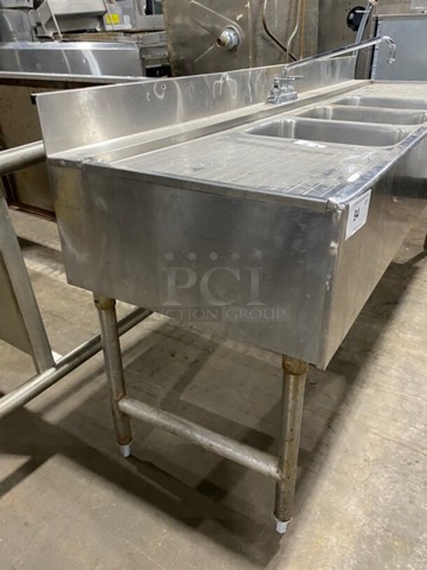SWEET! Supreme Metal Commercial 3 Bay Bar Back Sink! With Dual Side Drain Boards! With Back Splash! With Faucets And Handles! All Stainless Steel! On Legs! - Image 2 of 10