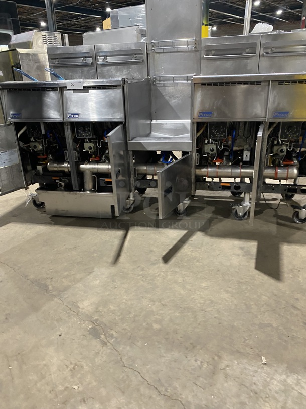 WOW! Pitco 4 Bay Natural Gas Powered Commercial Deep Fat Fryer With Dump Station! With Oil Filter System!  MODEL: SGH50 SN: G11BD005235 115V! Working When Removed! 
 - Image 8 of 12