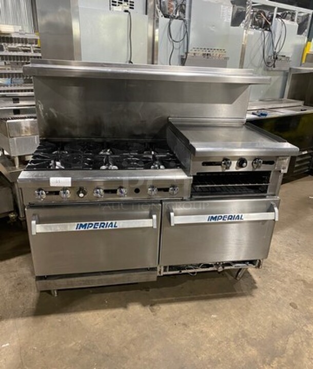 Imperial Commercial Natural Gas Powered 6 Burner Stove With Right Side Flat Griddle! Griddle Has Side Splashes! With Raised Back Splash And Salamander Shelf! With 2 Oven Underneath! Metal Oven Racks! All Stainless Steel! On Legs!