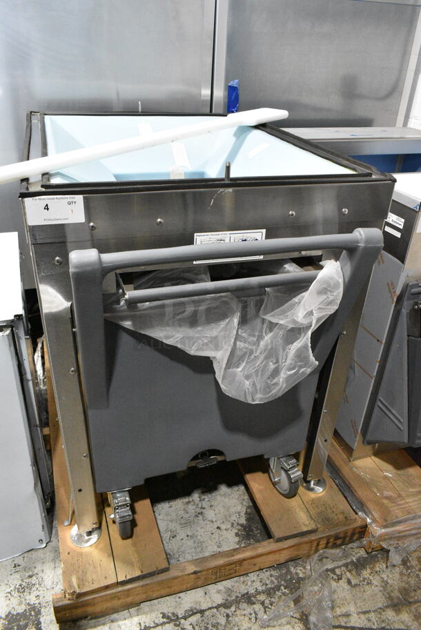 BRAND NEW SCRATCH AND DENT! Scotsman Stainless Steel Commercial Ice Bin Stand w/ Gray Poly Cart. Goes GREAT w/ Lots 3 and 5!  - Image 1 of 8