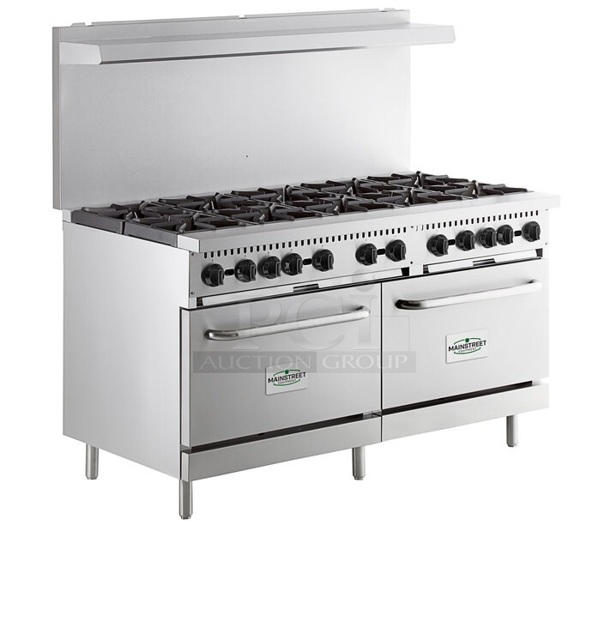 BRAND NEW SCRATCH AND DENT! 2023 Mainstreet 541E60N Stainless Steel Commercial Natural Gas Powered 10 Burner Range w/ 2 Ovens, Over Shelf and Back Splash. Stock Picture Used For Gallery. 360,000 BTU.