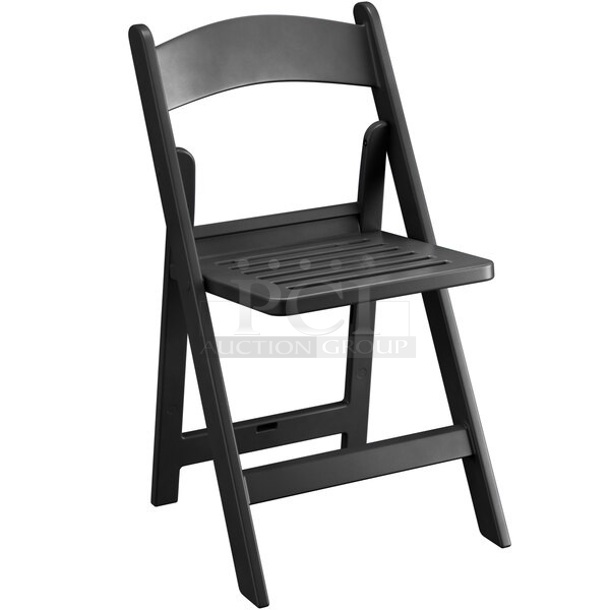 Box of 4 BRAND NEW SCRATCH AND DENT! Lancaster Table & Seating 427FCRSLTBLK Black Resin Folding Chair with Slatted Seat