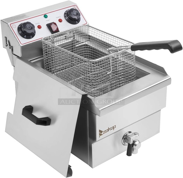 BRAND NEW SCRATCH AND DENT! Rovsun EH101V Stainless Steel Commercial Countertop Electric Powered Deep Fat Fryer w/ Metal Basket and Lid. 110 Volts, 1 Phase. 