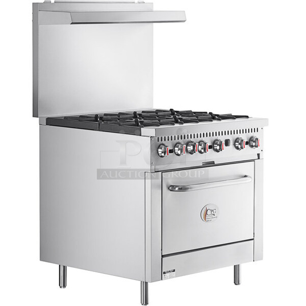 BRAND NEW SCRATCH AND DENT! Cooking Performance Group CPG 351C36N Stainless Steel Commercial Natural Gas 6 Burner Range w/ Convection Oven and Back Splash. 212,000 BTU. 