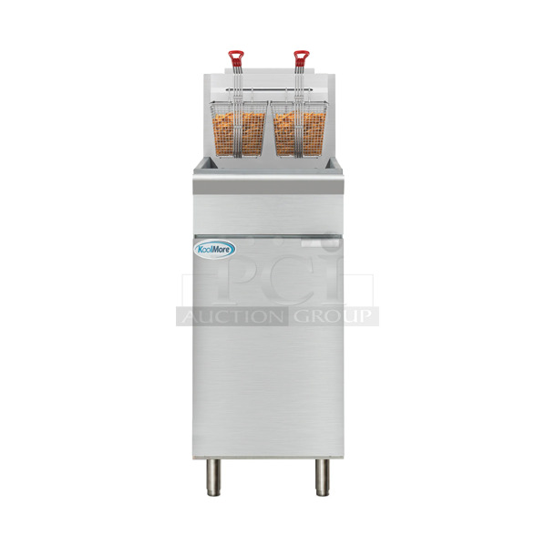 BRAND NEW SCRATCH AND DENT! 2023 KoolMore KM-FDF50-NG Stainless Steel Commercial Floor Style Natural Gas Powered Deep Fat Fryer w/ 2 Metal Fry Baskets. 120,000 BTU. - Item #1109696