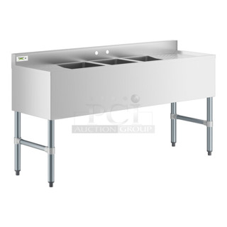 BRAND NEW SCRATCH AND DENT! Regency 600B31014213 Stainless Steel Commercial 3 Bowl Underbar Sink with Two Drainboards. Bays 10x10. Drain Boards 10x14