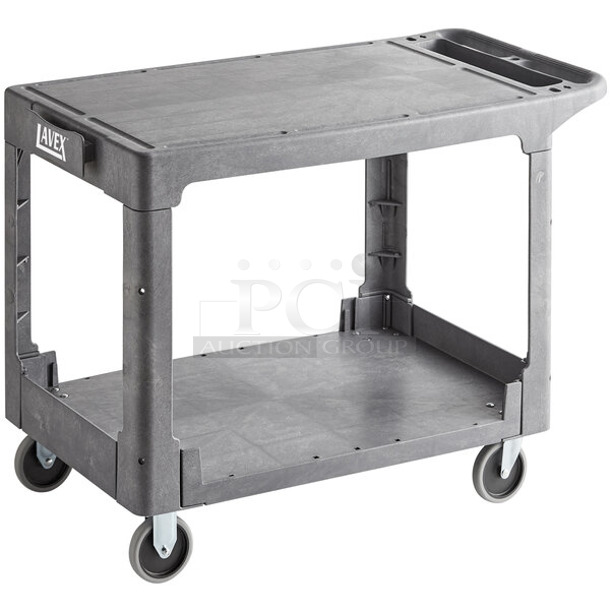 BRAND NEW SCRATCH AND DENT! Lavex 475UCLG2FTGY Large Gray 2-Shelf Utility Cart with Flat Top and Built-In Tool Compartment - 44" x 25 1/4" x 32 1/4" - Image 1 of 3