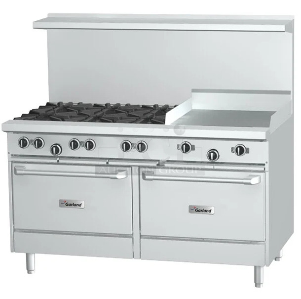BRAND NEW SCRATCH AND DENT! 2022 Garland G60-6G24CC Stainless Steel Commercial Propane Gas 6 Burner 60" Range with 24" Griddle, Over Shelf, Back Splash and 2 Convection Ovens. 310,000 BTU. - Image 1 of 12