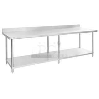 3 BRAND NEW SCRATCH AND DENT! Regency 600TSB3096S 30" x 96" 16-Gauge Stainless Steel Commercial Work Table with 4" Backsplash and Undershelf. 3 Times Your Bid! May Be Missing Pieces.