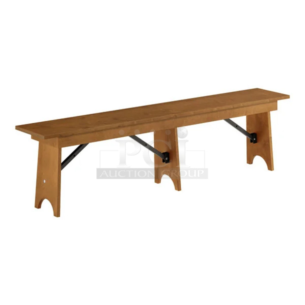 BRAND NEW SCRATCH AND DENT! Lancaster Table & Seating 164VYBENCH72 Vineyard Series 6' Barrel Brown Outdoor Folding Bench 12" x 72". May Be Missing Pieces. - Image 1 of 3