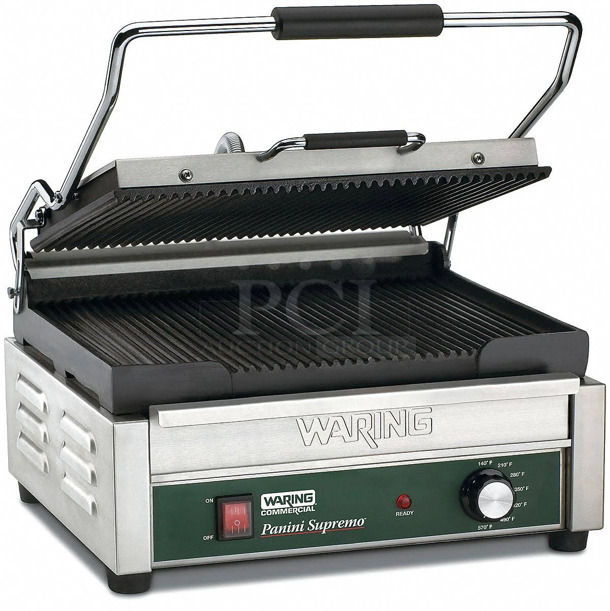 BRAND NEW! Waring WFG250 Stainless Steel Single Commercial Panini Press w/ Cast Iron Smooth Plates. 120 Volts, 1 Phase. Tested and Working! - Image 1 of 3