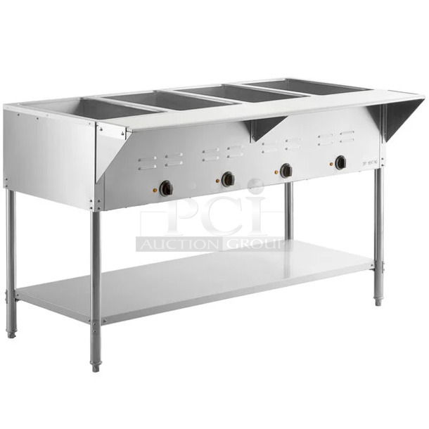 BRAND NEW SCRATCH AND DENT! 2024 Avantco 177STE4SA Stainless Steel Four Pan Open Well Electric Steam Table with Undershelf. 120 Volts, 1 Phase. Cannot Test Due To Plug Style - Image 1 of 8