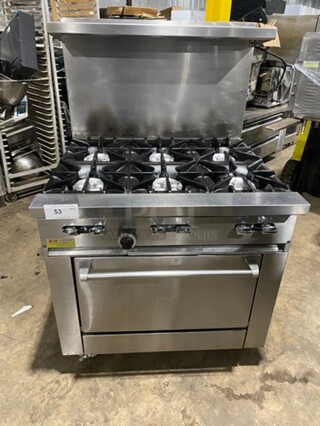 Sunfire Commercial Natural Gas Powered 6 Burner Stove! With Raised Back Splash And Salamander Shelf! With Oven Underneath! All Stainless Steel! On Casters!