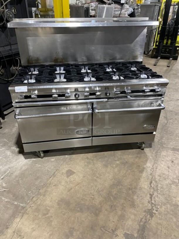 DCS Commercial Natural Gas Powered 10 Burner Stove! With Raised Back Splash And Salamander Shelf! With 2 Oven Underneath! All Stainless Steel! On Casters!