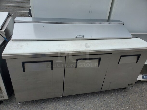 TRUE TSSU-72-18 3-door 72" Refrigerated Sandwich/Prep Table 

72X30X36 On  Caster, Tested and working! SOLD AS IS - Image 2 of 3