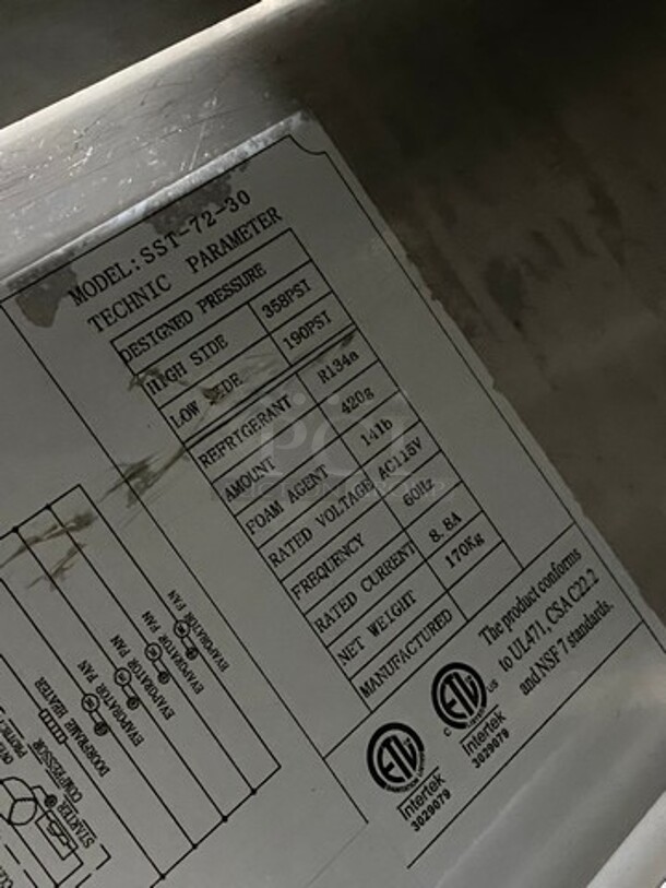 Spartan Commercial Refrigerated Sandwich Prep Table! With 3 Door Storage Space Underneath! Poly Coated Racks! All Stainless Steel! On Casters! Model: SST7230 115V - Image 8 of 9