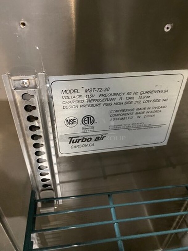 Turbo Air Commercial Refrigerated Mega Top Sandwich Prep Table! With 3 Door Storage Space Underneath! Poly Coated Racks! All Stainless Steel! On Casters! Model: MST7230 115V 60HZ 1 Phase - Image 7 of 9