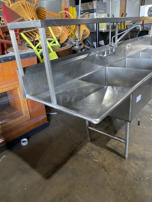 Commercial 3 Compartment Dish Washing Sink! With Overhead Shelf! With Jet Spray Assembly! With Dual Side Drain Board! With Back Splash! All Stainless Steel! On Legs! - Image 2 of 9