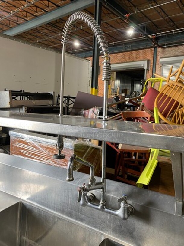 Commercial 3 Compartment Dish Washing Sink! With Overhead Shelf! With Jet Spray Assembly! With Dual Side Drain Board! With Back Splash! All Stainless Steel! On Legs! - Image 7 of 9