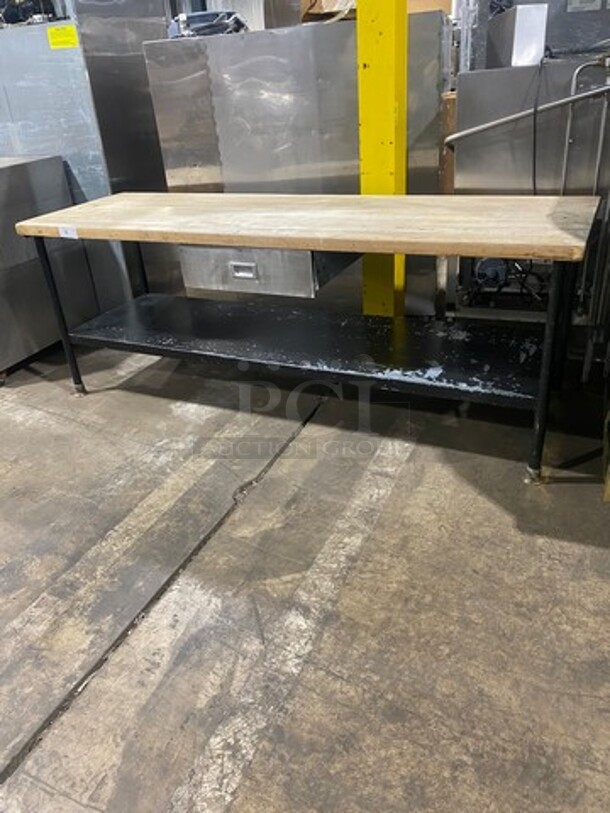 Commercial Butcher Block Table! With Storage Space Underneath! With Single Drawer! Stainless Steel Body! On Legs!
