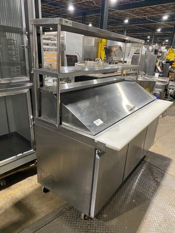 Avantco Commercial Refrigerated Sandwich Prep Table! With Commercial Cutting Board! With Double Over Head Shelf! With 3 Door Underneath Storage Space! Poly Coated Racks! All Stainless Steel! On Casters! Model: 178SSPT71MHC SN: 6720420319041307 115V - Image 2 of 10