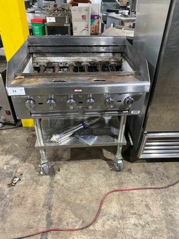 Southbend Commercial Countertop Natural Gas Powered Char Broiler Grill! With Back And Side Splashes! On Equipment Stand! With Storage Space Underneath! All Stainless Steel! On Casters! MISSING GRATES!  Model: HDC36 SN: 14J01267