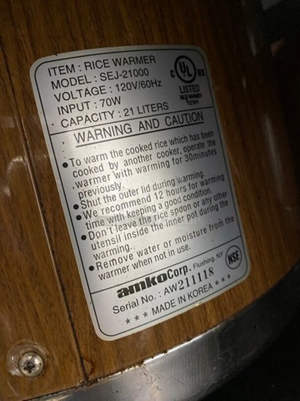 FAB! Amko Commercial Rice Warmer/ Holder Station! On Custom Made Equipment Stand! All Stainless Steel! On Legs! Model: SEJ21000 SN: AW211118 120V - Image 10 of 10