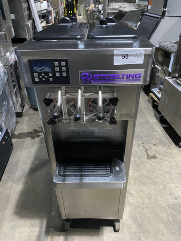 Stoelting Commercial AIR COOLED 2 Flavor Soft Serve Ice Cream/Yogurt Machine! All Stainless Steel! On Casters! Working When Removed! Model: F231309I2AD1 SN: 4208006J 208/240V 60HZ 3 Phase