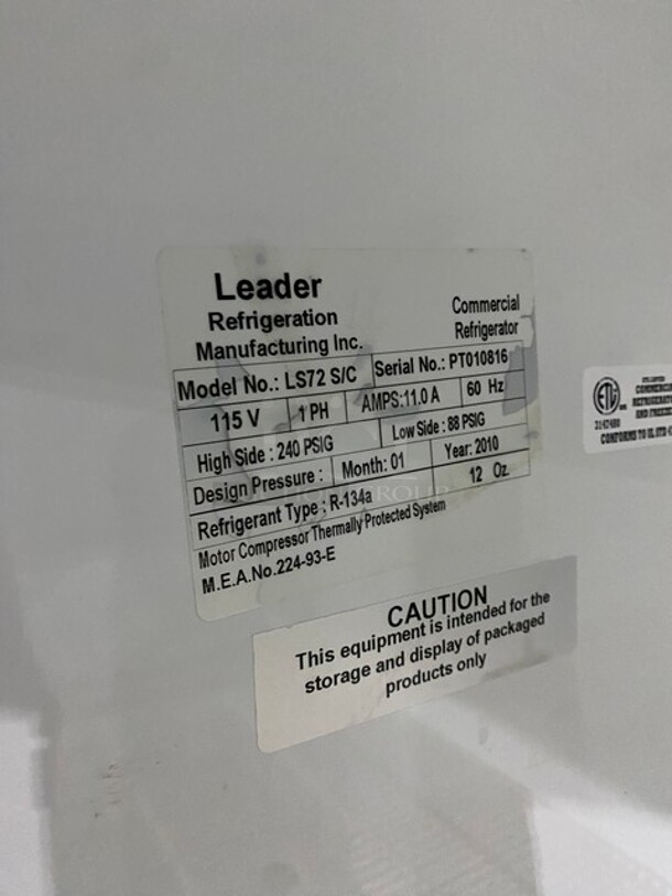 Leader 2010 Commercial Refrigerator Merchandiser! With 2 Sliding Glass Doors! With Poly Coated Racks! One Glass Door Is Broken! Model LS72 Serial PT010816! 115V 1Phase! - Image 8 of 9
