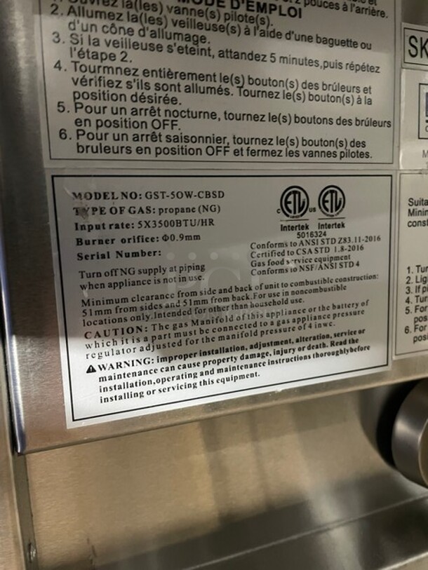 NEW! Scratch-N-Dent! Prepline Liquid Propane Powered 5 Pan Sealed Well Hot Food Steam Table! With Sliding Doors Enclosed Base! With Natural Gas Conversion Kit! All Stainless Steel! With Full Length Cutting board! On Legs! Model: GST-5OW-CBSD! - Image 8 of 11