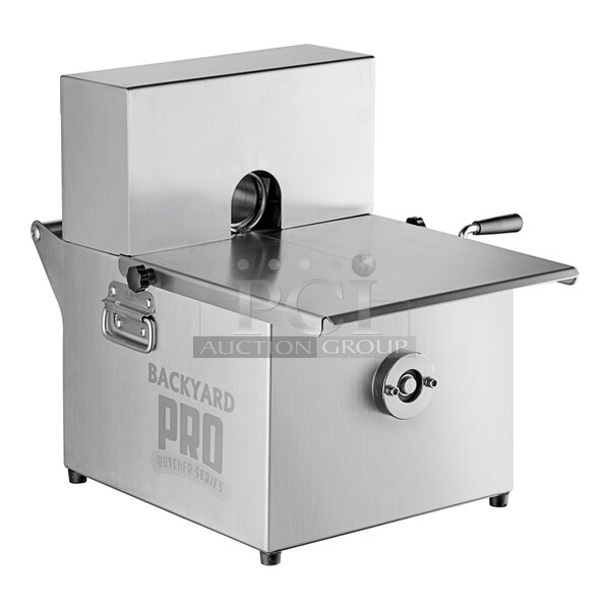 BRAND NEW SCRATCH AND DENT! Backyard Pro 554BMSTM Stainless Steel Commercial Countertop 18 1/2" x 11 3/8" x 13 3/8" Manual Sausage Tying Machine. - Image 1 of 9